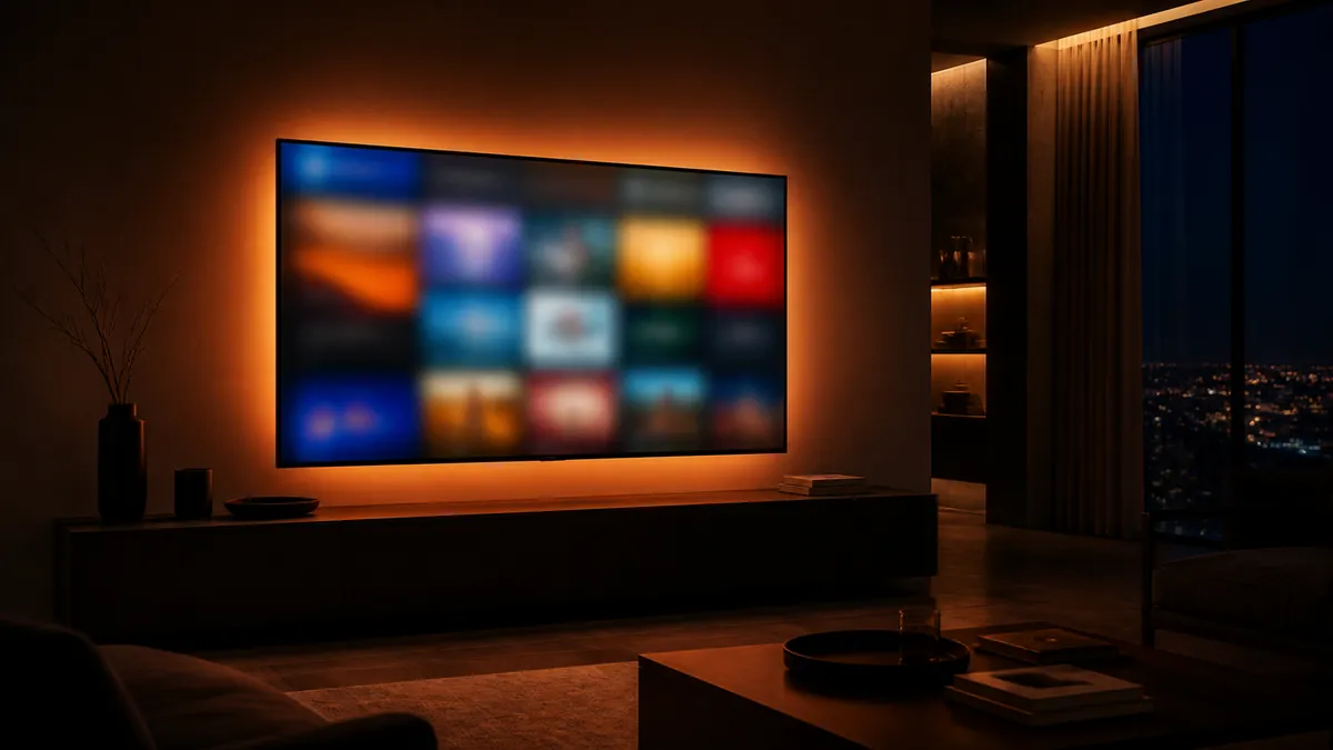 IPTV service showing sport, film and news content on a living room television